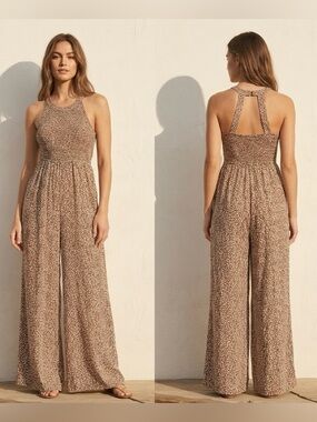 Wide Leg Jumpsuit by Japna Leopard Print Sleeveless with Pockets XS
